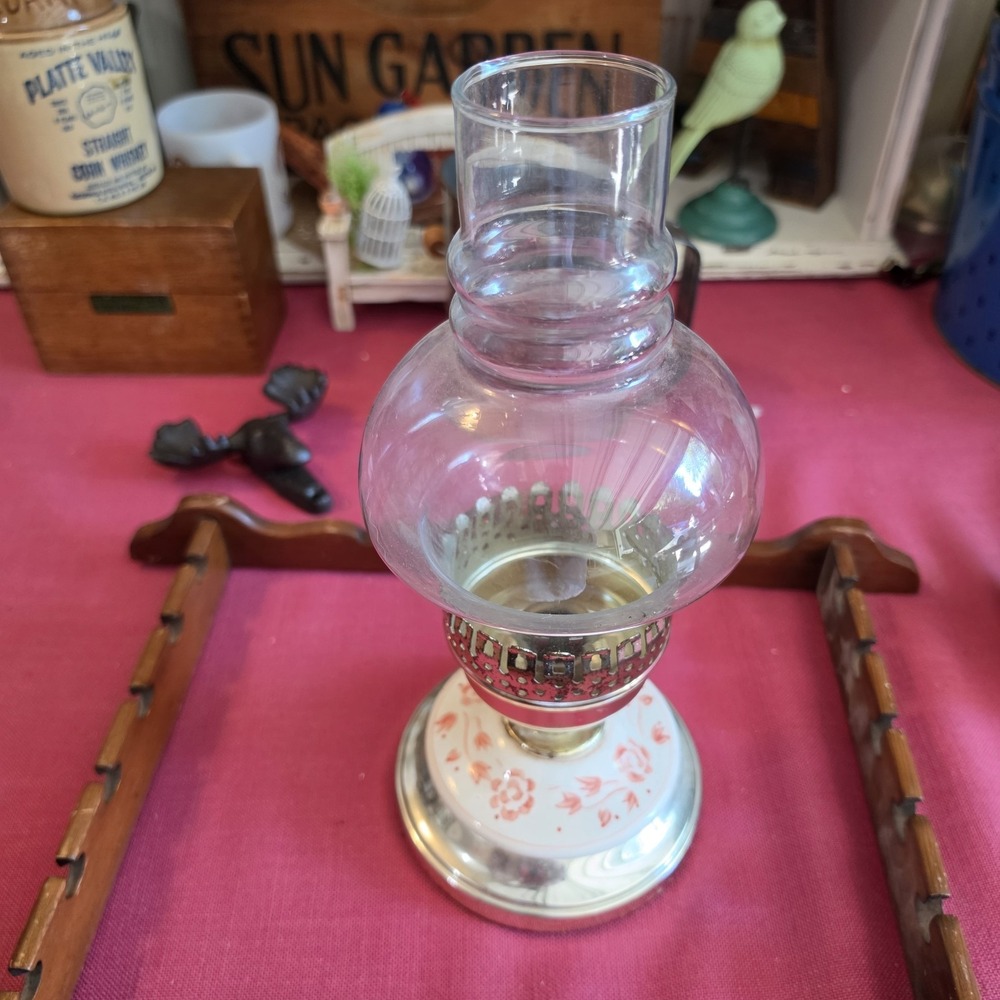 Hurricane Lamp Candle Holder Ceramic on Metal Base Glass Globe 13" Tall